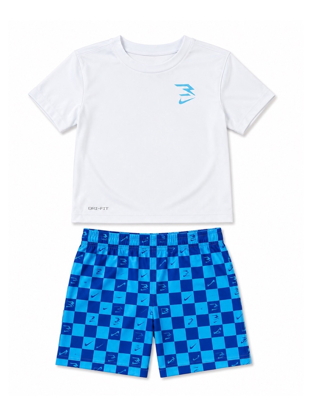 NWT Nike 3 Brand Blue & White 2-Piece Dri-Fit Swim Tee & Trunks Set Size 2T